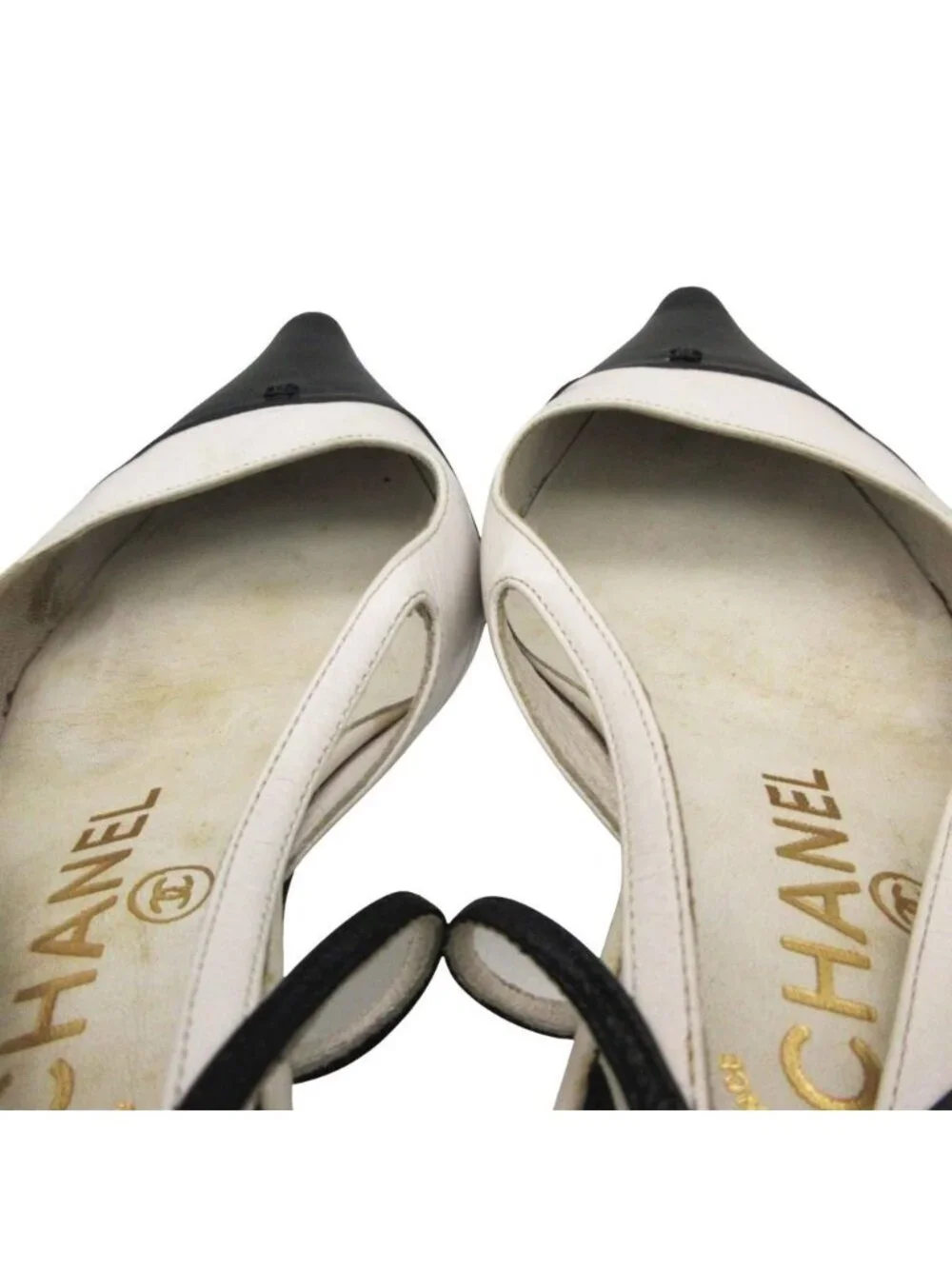 Chanel Pumps Pointed Toe Slingback Bicolor CC Logo Shoes White 2/1